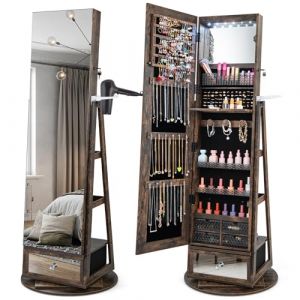 COSTWAY Armoire &agrave; Bijoux avec Miroir sur Pieds, Pivotant 360&deg;, Miroir Psych&eacute; sans Cadre, Lumi&egrave;res LED, Verrouillable, Support pour S&egrave;che-Cheveux, 3 &Eacute;tag&egrave;res &agrave; l&rsquo;Arri&egrave;re, Grand Tiroir (Marron Rustique) (FDS GmbH, neuf)