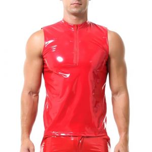 QiaTi Maillot de corps sexy en cuir synthétique pour homme - Sans manches - Col en V, 3 - Rouge, XL (QIATI, neuf)