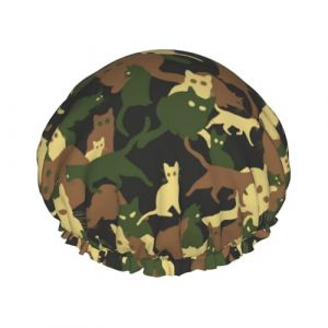 Bonnet de douche, bonnet de douche motif chat cool vert camouflage pour femme, r&eacute;utilisable, imperm&eacute;able, bonnet de douche pour cheveux, double couche, bande &eacute;lastique, bonnet de bain pour cheveux (JQMY-EU, neuf)