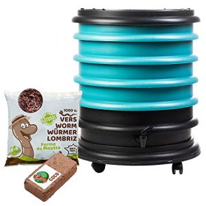 WORMbox | Lombricomposteur 4 Plateaux Turquoise + 500gr de vers de Compost + 1 Bloc Coco | 64 litres | Compostez Vos d&eacute;chets organiques, Les vers de Terre/lombrics produisent du lombricompost (Ferme du Moutta, neuf)