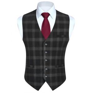 HISDERN Gilet Costume Homme Classique &agrave; Carreaux Gris Fonc&eacute; Gilet Coton Sans Manche Formelle Mariage Veston Hommes avec Poches L (QIWEIEUR, neuf)
