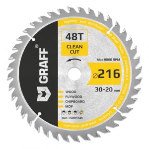 GRAFF Lame de Scie Circulaire à Bois 216 x 30 mm 48 Dents (anneau 20 mm) - Idéale pour Fines Dans le Bois Tendre et Dur - Compatible Scies À Onglets Et Scies De Table avec Dewalt Makita Bosch (UAB Handproftools, neuf)