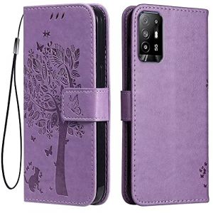 Topme &Eacute;tui en Cuir pour Oppo A94 5G (6.43" inches), [ Coque Housse de T&eacute;l&eacute;phone Style Motif Chat Et Arbre] - Violet Clair (topme, neuf)