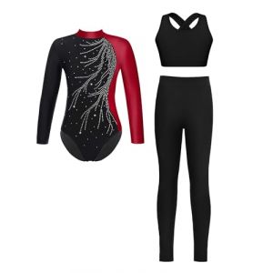 Sinleey 3Pcs Ensemble Gymnastique Fille Justaucorps Manches Longues avec Legging et Brassi&egrave;re Sport Gym Tenue V&ecirc;tement Danse Patinage Artistique Bourgogne 9-10 ans (Sinleey, neuf)