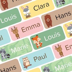 Wraplab Etiquettes autocollantes personnalis&eacute;es (70 pi&egrave;ces) pour &eacute;cole et fourniture scolaire - &Eacute;tiquettes crayon stylo rentr&eacute;e maternelle enfant imperm&eacute;able (Animaux de la for&ecirc;t) (Wraplab, neuf)