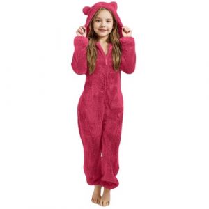 Combinaison Pyjama Enfant Fille Gar&ccedil;on 3-12 Ans Douce Pyjama Combinaison Surpyjama pour Enfants Grenouill&egrave;re Hiver Chaude Doubl&eacute;e Polaire avec Capuche Oreilles de Chat D&eacute;guisement Douillet en Peluche (NETTY, neuf)