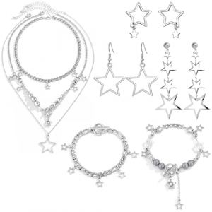 Yeomju Lot de 8 bijoux en forme d'étoile pour femme - Avec pendentif en forme d'étoile - Collier, bracelets et boucles d'oreilles - En argent - Pour femme (HEFENGXIANDIEMANFUZHUANG, neuf)