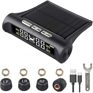 POFET Moniteur de Pression des pneus de Voiture, Affichage de d&eacute;tecteur &agrave; 4 Roues, syst&egrave;me de Surveillance Solaire TPMS, Alarme de Voiture sans Fil Universelle, pour remorque RV (POFET EU, neuf)
