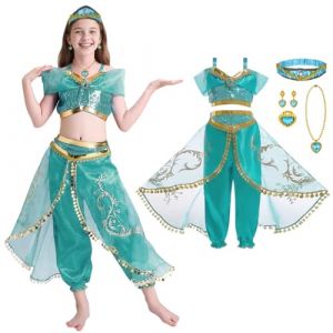 DiULi Costume de Princesse Jasmine pour Filles,Deguisement de Princesse Jasmine avec Accessoires de Bandeaux et Colliers, Aladdin Costume pour Filles Noël Halloween Anniversaire Fête Cosplay,150CM (Cinye, neuf)