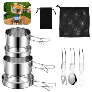 SLTAXAR Kit Casseroles Camping en Acier Inoxydable pour 2-3 Personnes Couvert de Camping Pliable Casseroles pour Camping Car Casseroles et Poëles de Camping pour Pique-Nique Barbecue (Smaejhgmlsbj, neuf)