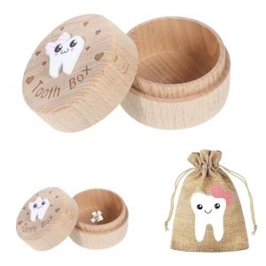 Kuugeo Boite a Dents de Lait,1 Pi&egrave;ces Bo&icirc;te &agrave; Dents de Lait en Bois avec Sac de Rangement,3D Bo&icirc;te &agrave; Dents de Lait pour fille avec Motif Dents de Lait, Parfait pour Comm&eacute;morer Une Premi&egrave;re Dent (AMAAL ABD LIMITED, neuf)