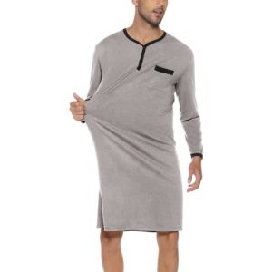 Chemise de Nuit Homme Coton Pyjama Manches Longues Hauts de Pyjama Homme Tee-Shirt Long Col V avec Boutons V&ecirc;tements d'Int&eacute;rieur T-Shirt Grande Taille Douce Confortable Gris-A XXXL (Yukiuiny, neuf)