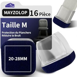MAYZOLOP 16 Pi&egrave;ces Protection Pied de Chaise, &Phi;20-28 mm Transparent Carr&eacute; de Protege pour Pieds de Chaise avec Bleu Marine Feutre, Pieds de Chaise, Embout de Chaise, Pas de Rayures, Pas de Bruit (MAYZOLOP-FR, neuf)