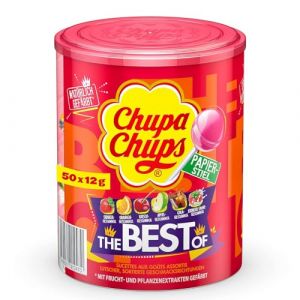 Chupa Chups - Tubo 50 Sucettes The Best Of - Sucettes &agrave; la Pulpe de Fruit + Cola et Milky - Id&eacute;al pour F&ecirc;tes d'Anniversaires - Pr&eacute;sentoir D&eacute;coratif Original - Boite de 0,6 Kg (Warenhaus Ebeling, neuf)