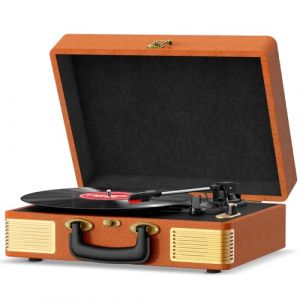 FYDEE Platine Vinyles, Tourne Disque Bluetooth Portable Vintage en Cuir avec 3 Vitesses (33/45/78 RPM), 2 Haut-Parleurs Int&eacute;gr&eacute;s, Entr&eacute;e RCA, Fonction d'Arr&ecirc;t Automatique, Brun Rouge&acirc;tre (LEWISZ, neuf)