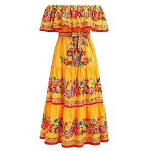 FYMNSI Robe mexicaine pour femme - Robe &eacute;paules d&eacute;nud&eacute;es - Longue - Robe de soir&eacute;e - Robe maxi fleurie - Boh&egrave;me - Robe de plage - Robe d&eacute;contract&eacute;e - Robe de f&ecirc;te - S-3XL, jaune, L (FYMNSI store, neuf)