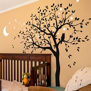 Grand arbre autocollant mural avec hibou, lune et étoiles Décoration murale chambre d'enfant 088 (Branches à gauche, Noir, Blanc) (Studio Quee, neuf)