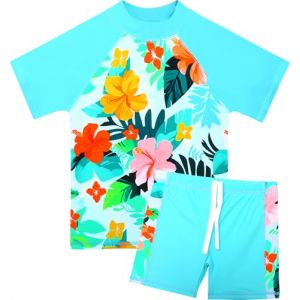 HUAANIUE Filles Enfants Maillot de Bain 2 Pi&egrave;ces Enfants Filles Plage Combinaison de Bain &agrave; Manches Courtes 2-12 Ans (S407-Fleur Bleu Clair, 3-4 Ans) (HUANQIU EUR STORE, neuf)