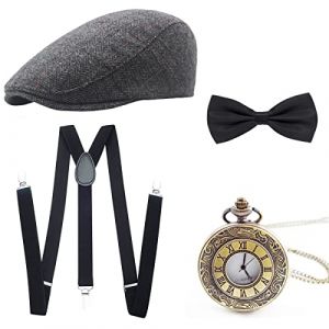 Wagoog Années 1920 Accessoires pour Hommes, Mafia Gatsby 1920s Costume Ensemble y Compris Le Chapeau Panama, Ajustable Bretelles élastiques, Noeud Papillon ​Mens et montre de Poche Vintage (Wagoog, neuf)