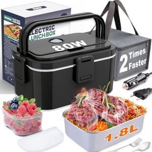 Homhut Gamelle Chauffante 80W Lunch Box Chauffante &eacute;lectrique 12V/24V/230V Bo&icirc;te &agrave; Lunch Chauffante 1,8l Boite Repas Enfant/Adulte Pour Bureau, &eacute;cole, Voyage,Voiture(1.8L-Noir) (HALLO-EU, neuf)