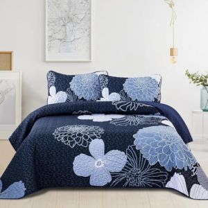 WONGS BEDDING Couvre-lit 220 x 240 cm, motif floral, bleu marine, doux, pour lit double, en microfibre, avec 2 taies d'oreiller de 50 x 75 cm (Guchuang Bedding Eur, neuf)