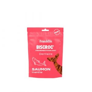 FRANKLIN – Friandises Dentaire pour Chat – Snack croustillant Saumon & Menthe – Haleine Fraiche – Anti-Tartre – Soin Dentaire – sans céréales – pour Chaton, Adultes & Senior – Sachet Recyclable – 50g (Franklin Pet Food, neuf)