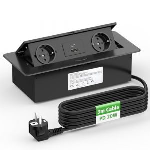 3m Câble - Prise Encastrable Plan de Travail USB C PD20W, Aluminium Multiprise Electrique 2 Prises et USB A, Bloc Prise Escamotable pour Cuisines Bureaux Salle de Réunion, 2500W/10A, Noir, HANNELORE (YILONGEU, neuf)