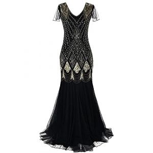 Feynman Robe de soirée des années 1920 pour femme - Col en V - Paillettes - Perles et franges - Rétro - Longue robe de soirée - Robe sexy à manches longues - Robe de cocktail élégante - Robe de (Feynman-EU, neuf)