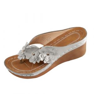 Sandales Tongs Femme Été Confortable Chaussures Habillées D'été Plat Fleur en Cuir Bohème Sandales à Talon Compensé avec Imprimé Confortables Légères Antidérapantes pour Douche Plage Piscine (Toyajac, neuf)