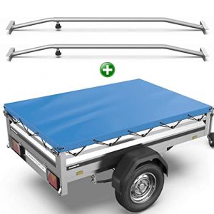 Tarpofix® Bâche pour remorque plate 212 x 123 x 7,5 cm + 2x arceau de bâche (réglable 100-145 cm) - Bache remorque PVC - Bâche de couverture pour diverses remorques de voitures de 750kg (CD_Commerce, neuf)