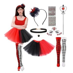ChouGlow Costume de carnaval pour femme - Costume de reine de c&oelig;ur rouge avec robe, couronne, visage pierres pr&eacute;cieuses et chaussettes pour carnaval, f&ecirc;te &agrave; th&egrave;me. (choulin, neuf)