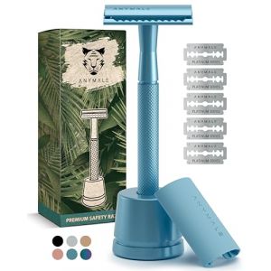ANYMALE&reg; rasoir de surete saphir bleu - kit femme avec support et 5 lames - rasoir m&eacute;tal sans plastique - rasoir de s&eacute;curit&eacute; pour hommes et femmes (ANYMALE, neuf)