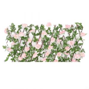 Emiif Cl&ocirc;ture de feuilles artificielles avec fleurs &ndash; 40 x 20 cm &ndash; Treillis en bois extensible pour d&eacute;coration murale de jardin, am&eacute;nagement paysager ext&eacute;rieur (rose clair) (Wintop-eu, neuf)