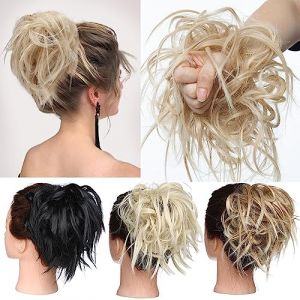 TESS Postiche Chignon Synthetique, Postiche Chignon Cheveux Naturel Chignon Elastique Chignon Postiche Décoiffé Extension Chouchou Chignon, Blond Doré + Blond Clair (TESS Official, neuf)