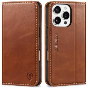 Shieldon Coque pour iPhone 16 Pro 5G, Etui Portefeuille en Cuir Véritable Housse [RFID Blocage] Protection Fonction Stand Antichoc Compatible avec iPhone 16 Pro (6,3 Pouces 2024) - Brun Rétro (TG-Global FR, neuf)