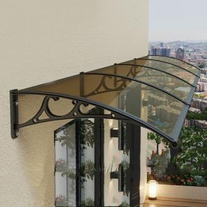 Zlovne Auvent de Porte d'Entrée,Marquise de Porte d’Entrée avec Protection UV Contre la Pluie et la Neige,Auvent de Véranda avec Panneau en Polycarbonate et Cadre en Aluminium (80x160cm/32 x63,Brown) (zhenguIdian, neuf)