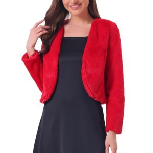 Allegra K Veste courte pour Femme en fausse fourrure &agrave; manches longues ouvert devant bol&eacute;ro d'hiver manteau Rouge L (Weisser Berg, neuf)