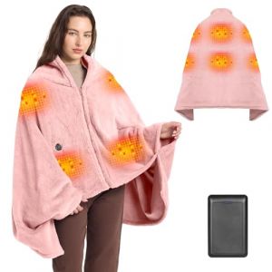 Moteoza Couverture Chauffante sans Fil 160x90cm - Plaid &Eacute;lectrique en Flanelle avec 16000mAh Batterie, 3 Niveaux de Chaleur, Chauffage Rapide Poncho pour Canap&eacute;, Bureau, Camping, Voiture(Rose) (Moteoza-EU, neuf)