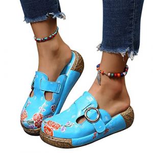 Osheoiso Sandales Chaussures Plateforme Plate Femme Sandales Été Vintage Sabots Chaussures Casual Fille Chaussures De Plage Bout Fermé Pantoufles en Liège A Bleu 38 EU (aodongou, neuf)