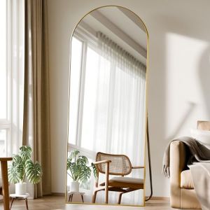 BEAUTYPEAK Miroir pleine longueur arqué, 170 x 57 cm, miroir sur pied bombé, suspendu ou appuyé contre le mur, grand miroir de sol avec support, pour chambre à coucher, salon ou dressing, doré (VOOBANG, neuf)