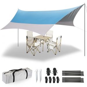 Forceatt Bâche Anti-Pluie 2 Poteaux, 3.7 X4.3m Camping Bâche Imperméable Anti-UV (upf50+), Randonnée, Camping (Bleu&Gris) (MaoLianXin, neuf)