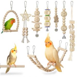 Jiaoshou Pan 9 Pi&egrave;ces Jouets pour Oiseaux, Jouet Perroquet avec Balan&ccedil;oire, &Eacute;chelle, Cloche et Jouets &agrave; M&acirc;cher pour Perruches, Ins&eacute;parables, Pinsons et Calopsittes (Bois) (pandajie, neuf)