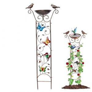 Bain d'oiseaux en treillis de jardin 2 en 1, mangeoire &agrave; oiseaux en m&eacute;tal avec papillon d&eacute;coratif, distributeur d'eau autoportant amovible, mangeoire &agrave; oiseaux r&eacute;tro sur pied pour d&eacute;corations de jardi (SANGDINZasd, neuf)