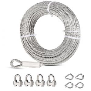 hannger Cable Inox 6mm, 30M 7x19 Structure Cable Acier, Cable en Inox Inoxydable avec des Clips et Des D&eacute;s &agrave; Coudre, 2900kg de R&eacute;sistance &agrave; la Rupture pour C&acirc;ble Principal Zipline (ROYEDA, neuf)