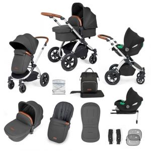 Poussette Tout-Terrain 12pcs Ickle Bubba Stomp Luxe – Système de Voyage 3 en 1 avec Siège Auto i-Size Cirrus + Base ISOFIX – Siège Réversible, Landau & Accessoires (Argent/Gris anthracite/Beige) (Ickle Bubba FR, neuf)