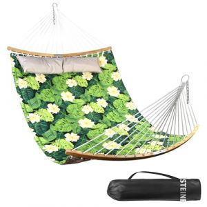 Bathonly Hamac Double, Hamac 2 Personnes en Tissu Matelassé De 335 cm pour l'Extérieur avec Oreiller, Barre d'écartement Incurvée Pliable, Chaînes, Sac de Transport, Capacité 204 Kg, Feuilles Vertes (Steinbrooks D, neuf)