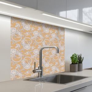 KitchenYeah&copy; Cr&eacute;dence Cuisine &Agrave; Coller 80x80 cm Protection Plaque De Cuisson Adhesif Plastique Rigide Dalle Murale Motif cachemire - Blanc - Fleurs - Jaune (KitchenYeah, neuf)