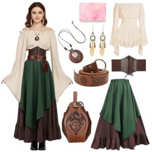 COYBTO D&eacute;guisement M&eacute;di&eacute;val Femme, Robe Longue Style Renaissance avec Haut R&eacute;tro &agrave; Epaules D&eacute;nud&eacute;es, Sac Banane, Collier, Boucles d'Oreilles, Costume Victorien pour Cosplay et F&ecirc;te M&eacute;di&eacute;vale, Vert, L (CRSTREAM, neuf)