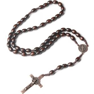 Collier Chapelet en Bois, Collier Chapelet Croix Catholique, Perles de Pri&egrave;re en Bois Naturel avec Croix M&eacute;daille J&eacute;sus Christ Saint Beno&icirc;t, pour bapt&ecirc;me, Communion, Mariage, f&ecirc;te de Communion (REN JIE DE DIAN, neuf)