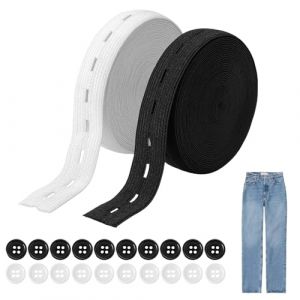 2 Pi&egrave;ce 8M Elastique a Boutonniere 15MM Large avec &OElig;illets et 20 Boutons en R&eacute;sine, Bandes &Eacute;lastiques, &Eacute;lastique &agrave; Couture, Id&eacute;al pour Ajustements Taille sur V&ecirc;tements, Tricot (Blanc + Noir) (Vulcyxa, neuf)